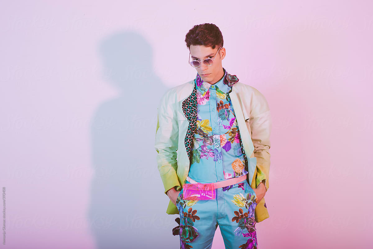 Young Male Fashion Model Posing in Floral Summer Costume