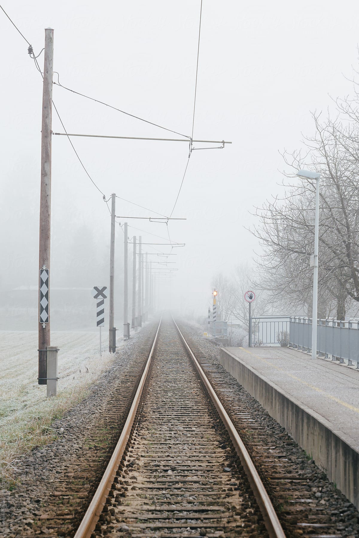 Rails in foggy landscape