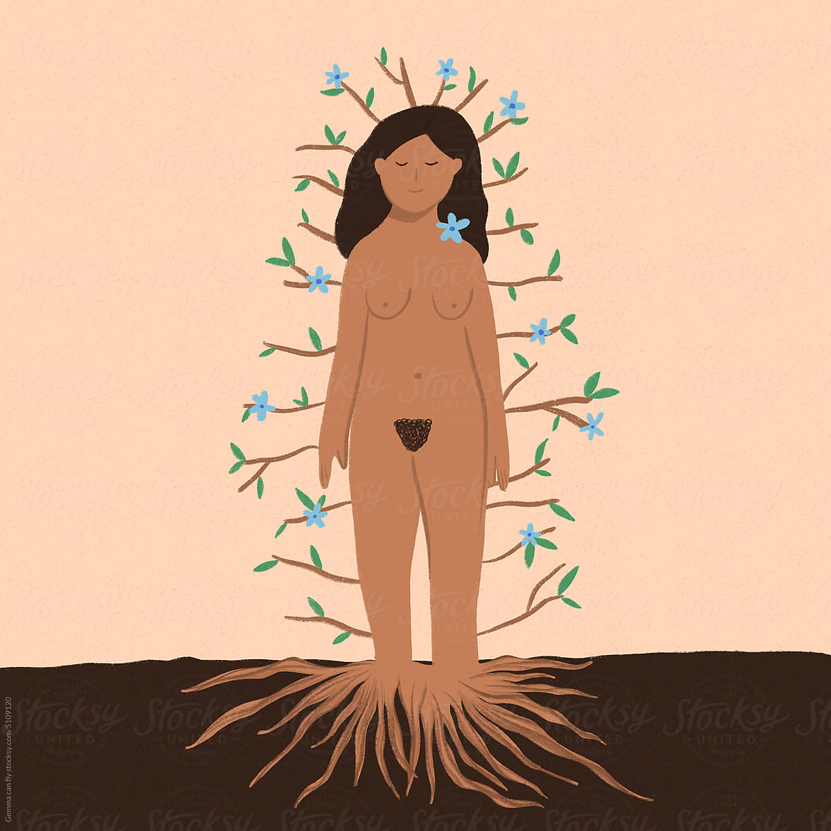 Naked woman blooming rooted in the earth