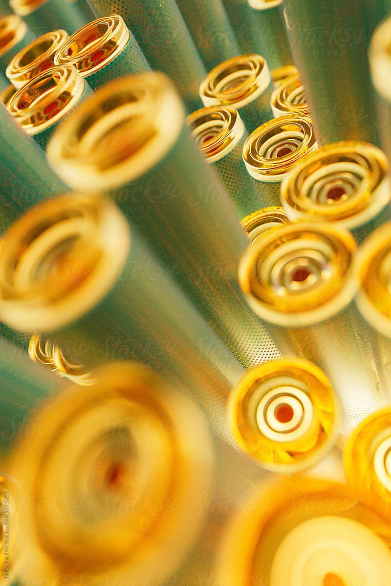 Close-up of Optical fiber cable with green metal