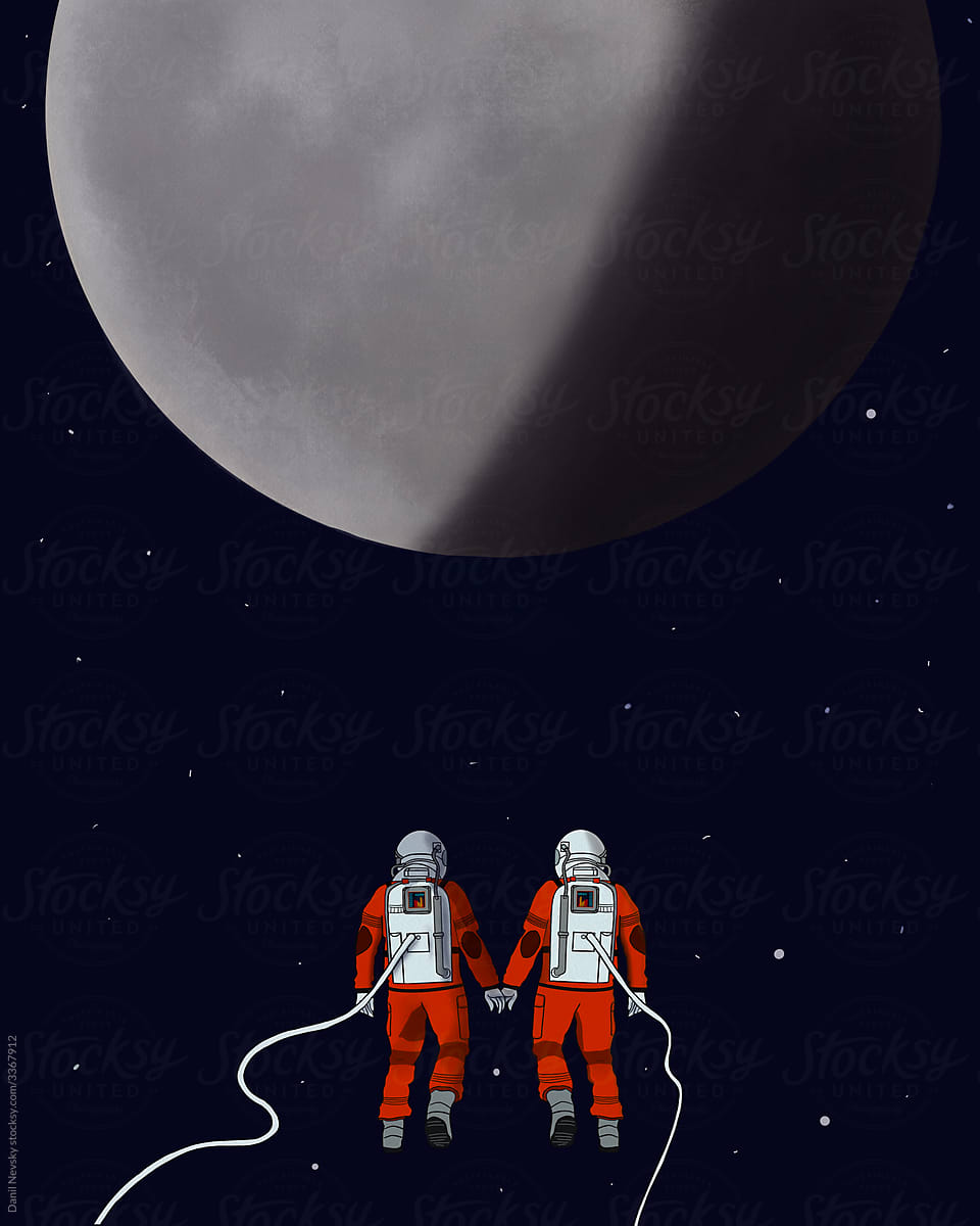 Couple of cosmonauts flying towards planet