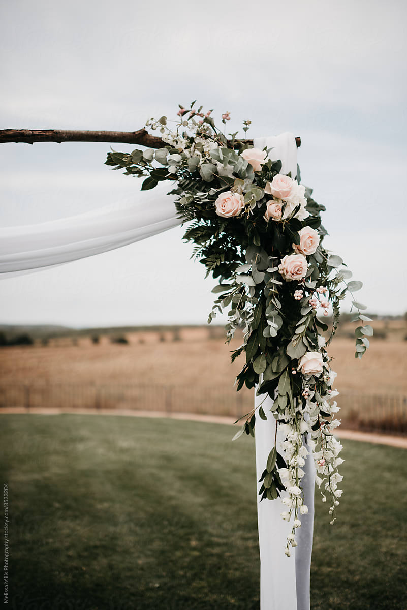 Wedding arch outdoors with blush roses and eucalyptus