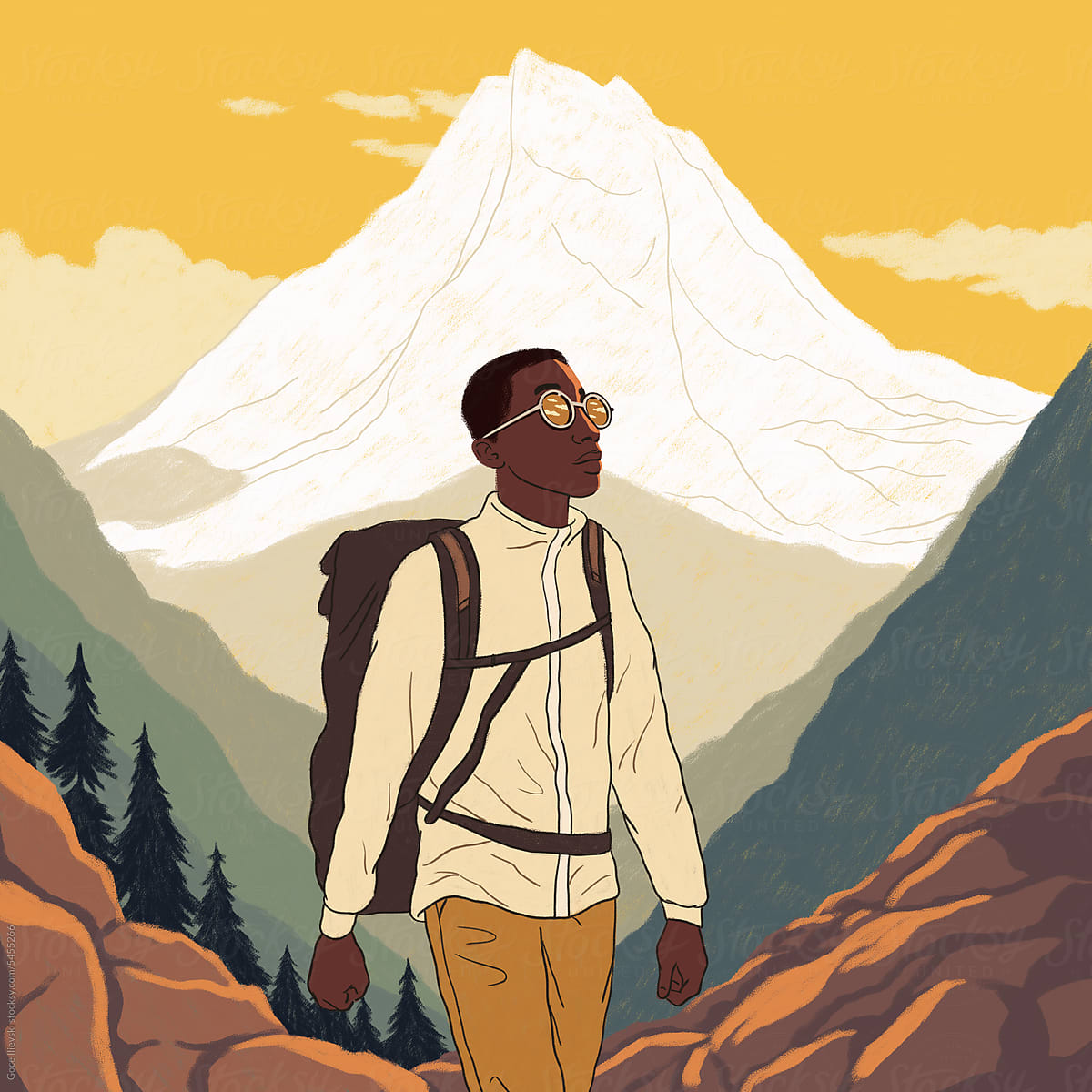 Black Man Hiking In The Mountains Illustration