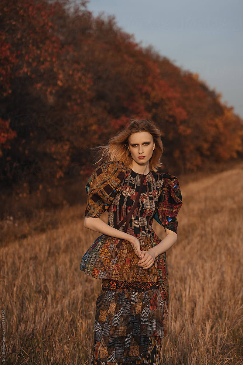 blonde model in a checkered dress on a background of autumn nature