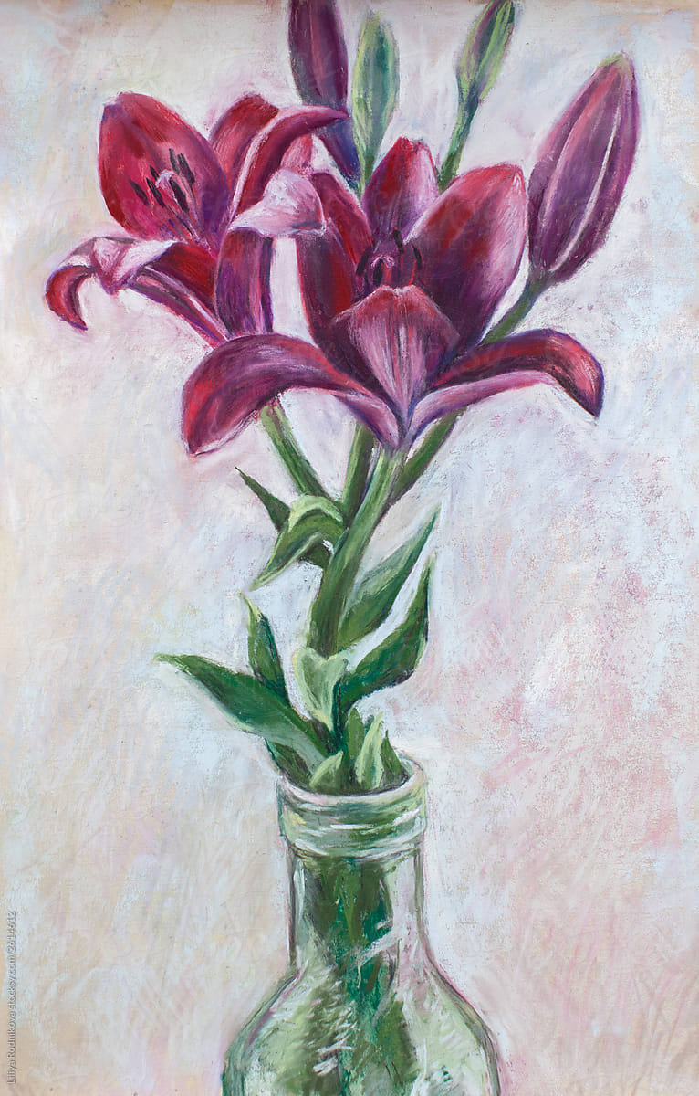 Soft pastel drawing of red lilies