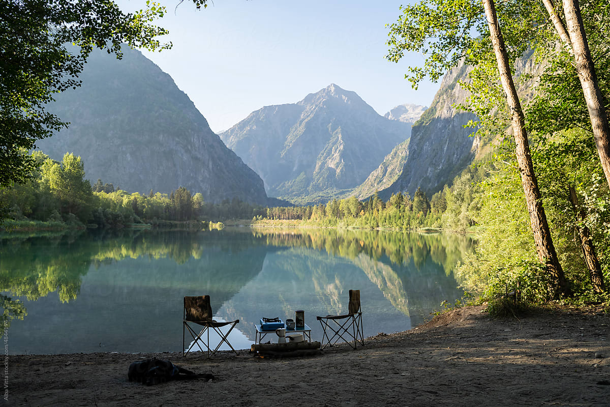 Wild camping in alpine lake