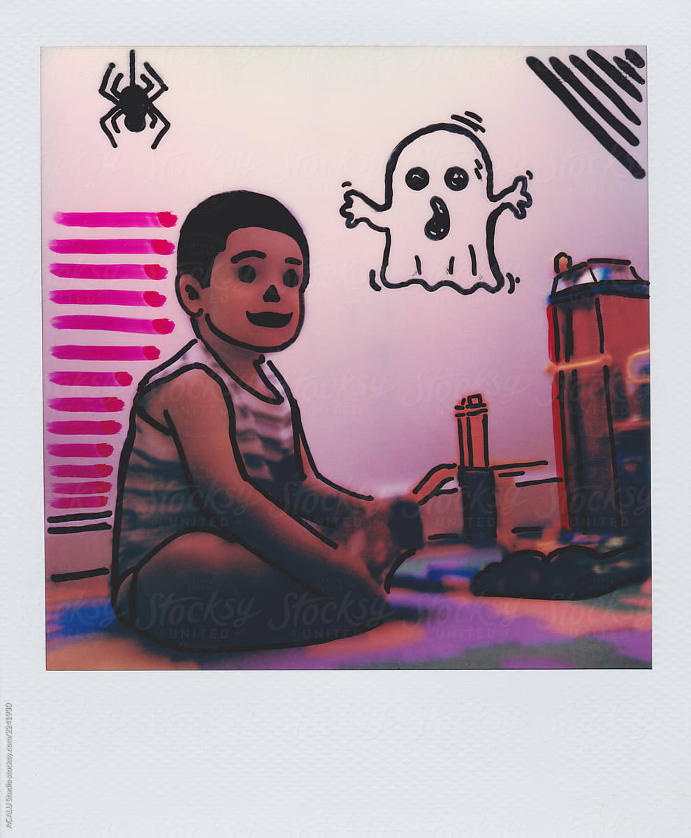 Caravel child playing in his room with a ghost and a spider