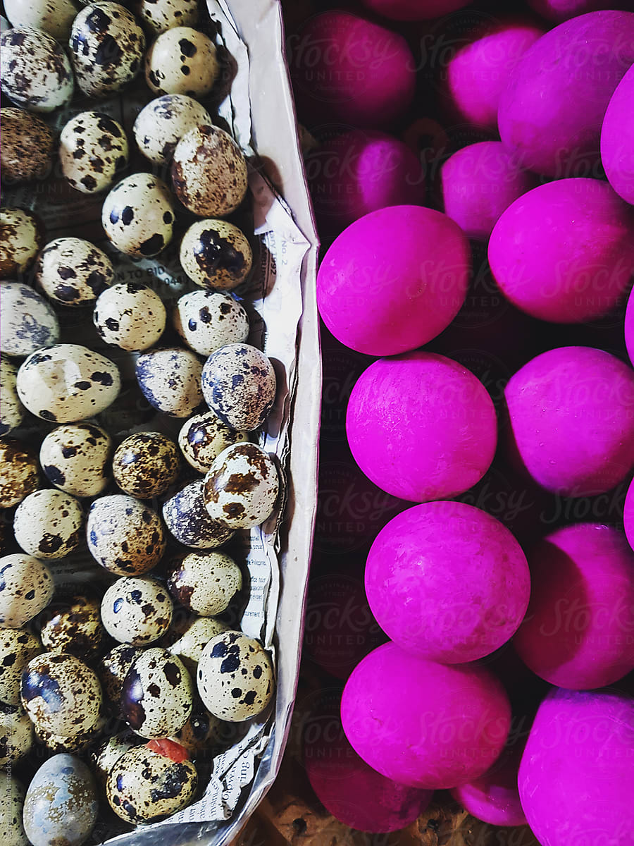 Quail eggs and salted eggs on a close-up.