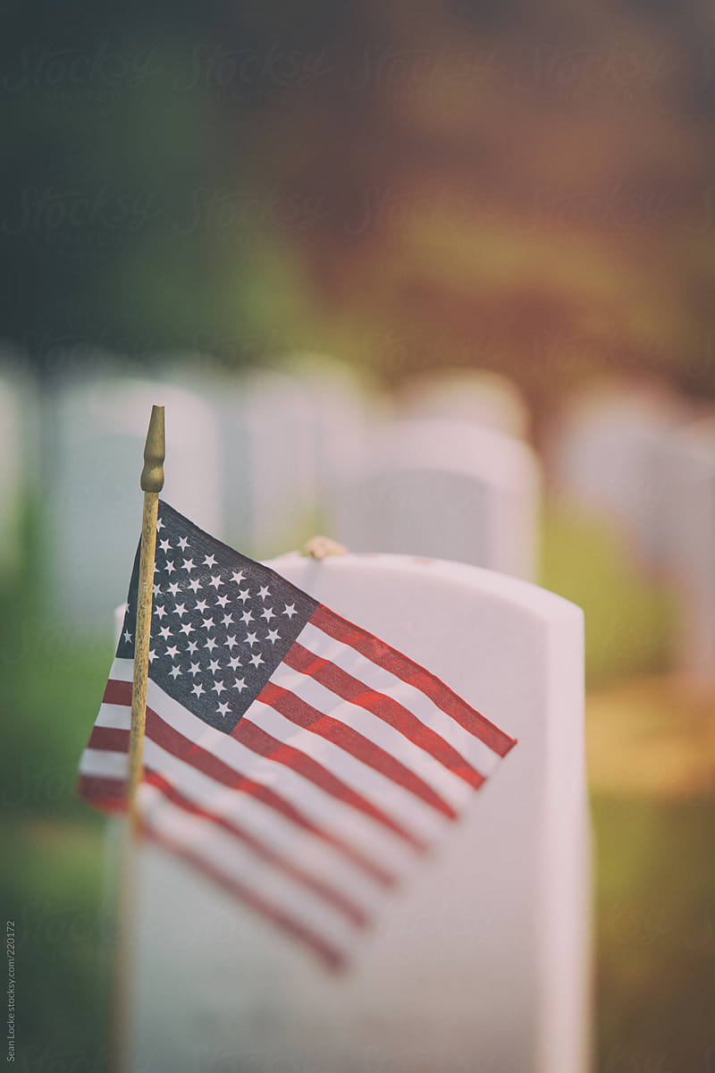 Memorial: Flag In Front Of Headstone For Memorial Day
