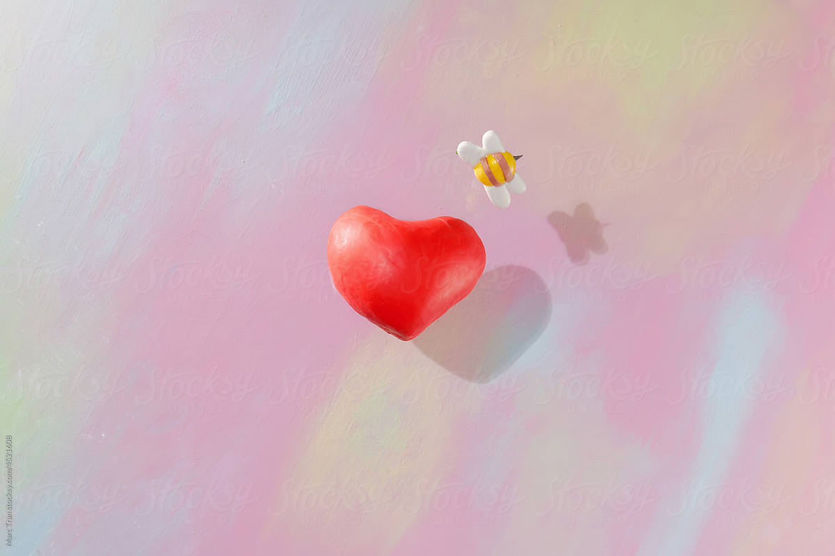 sweet heart with bee on color background
