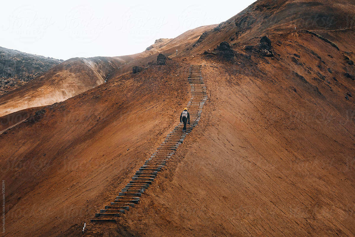 Hiker climbs wooden stairs exploring brown landscape of Iceland.