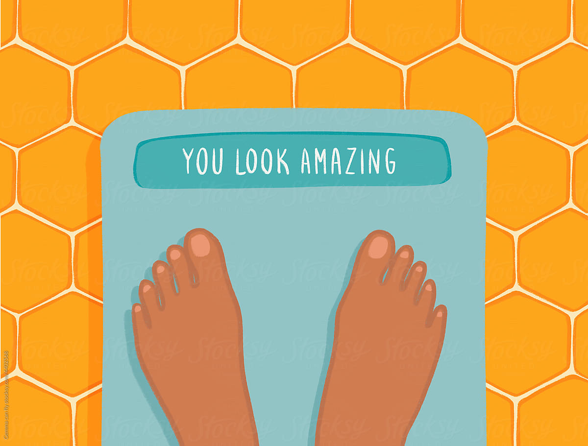 Feet on bathroom scale. UGC, user-generated content. Concept