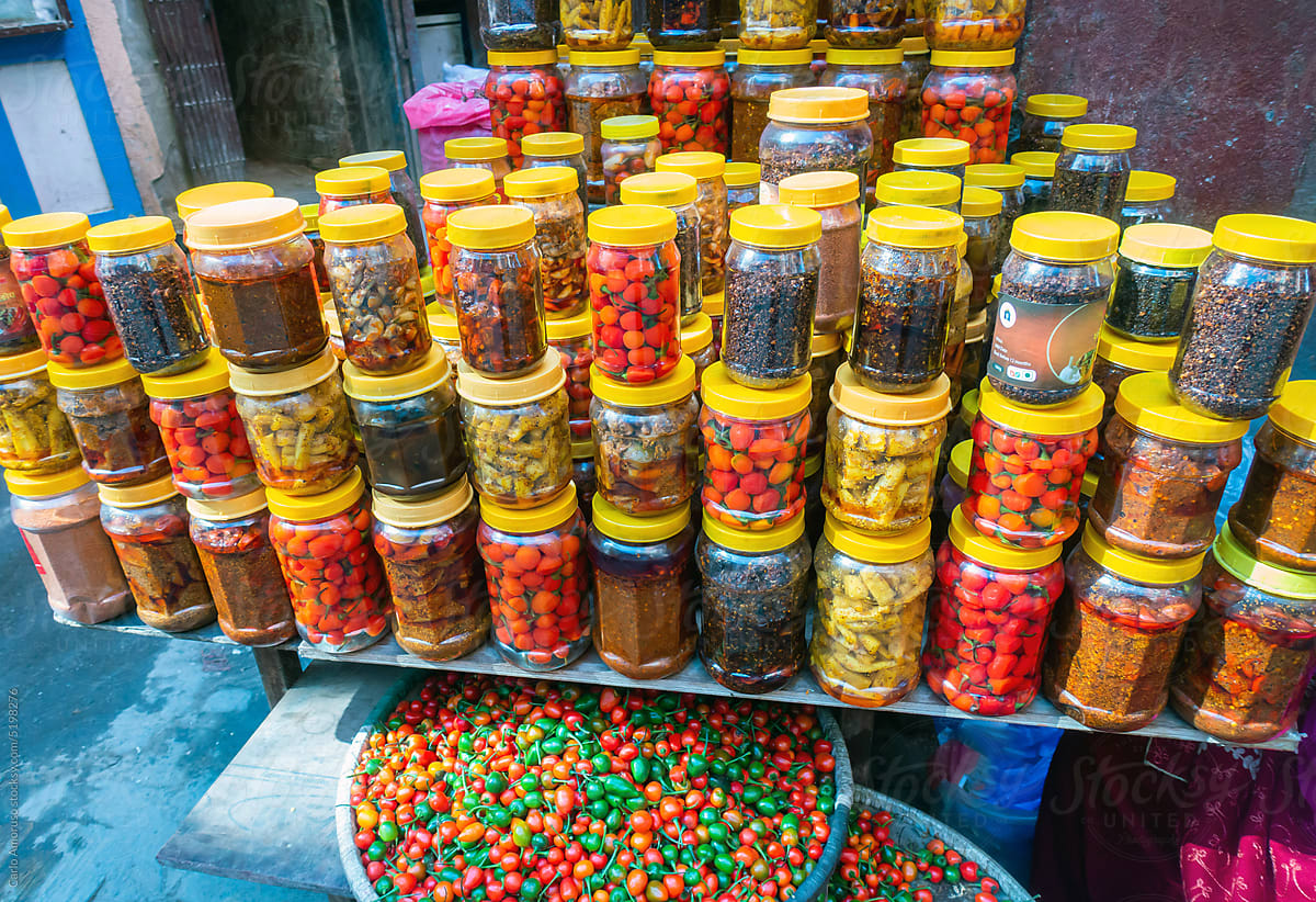 Assortment of pickled and spices at Market