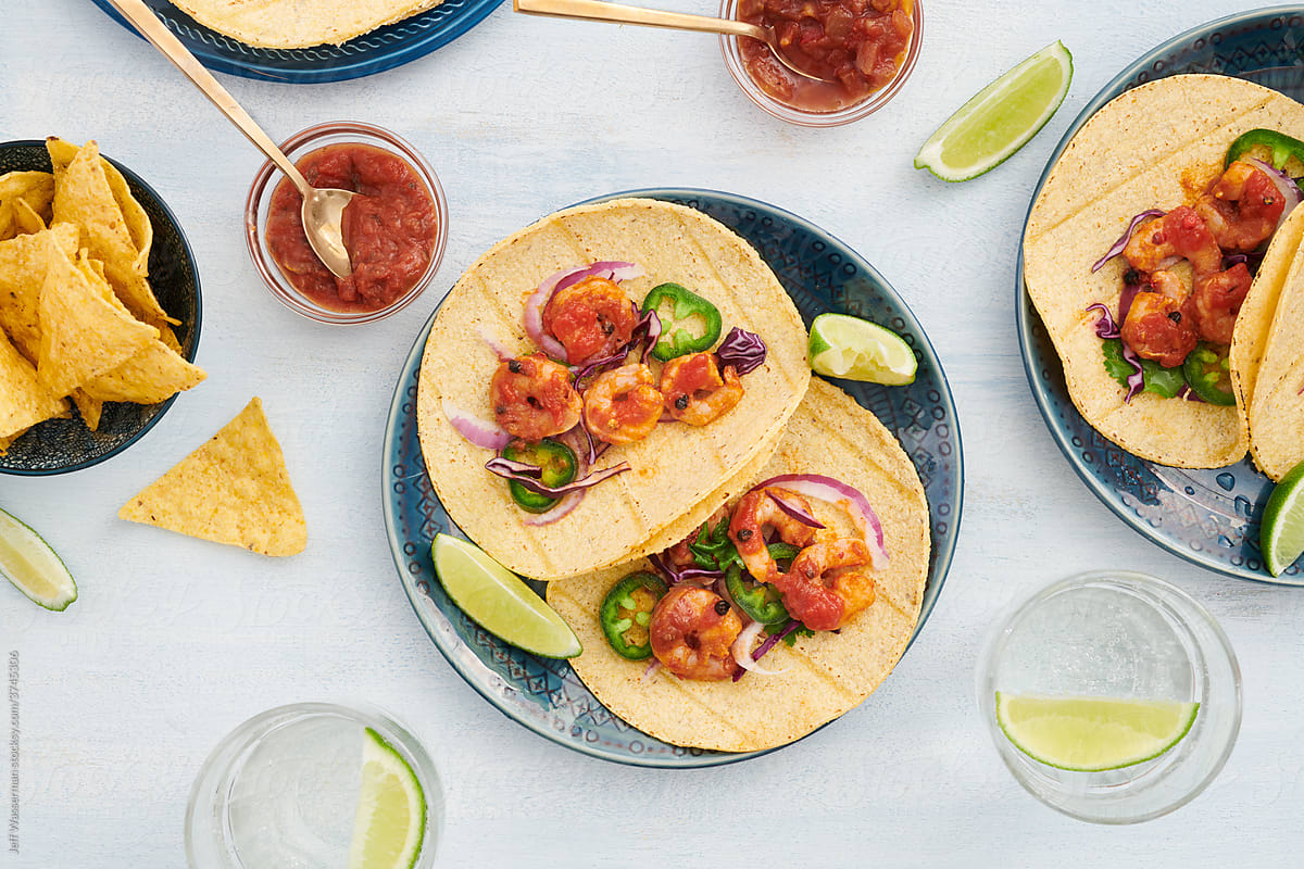 Shrimp Tacos on Blue Table From Above