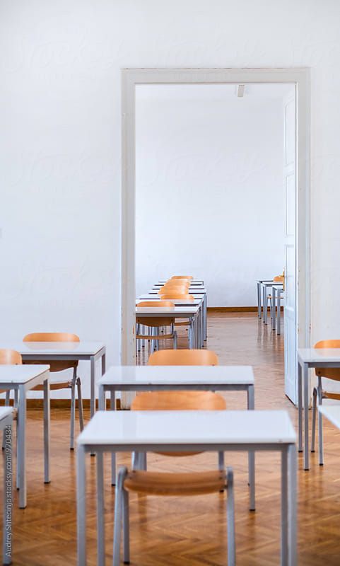 Empty classroom with chairs.