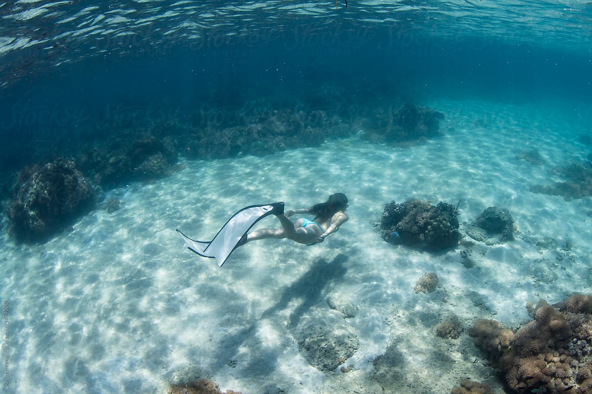 Female freediver swimming over the coral reef underwater
