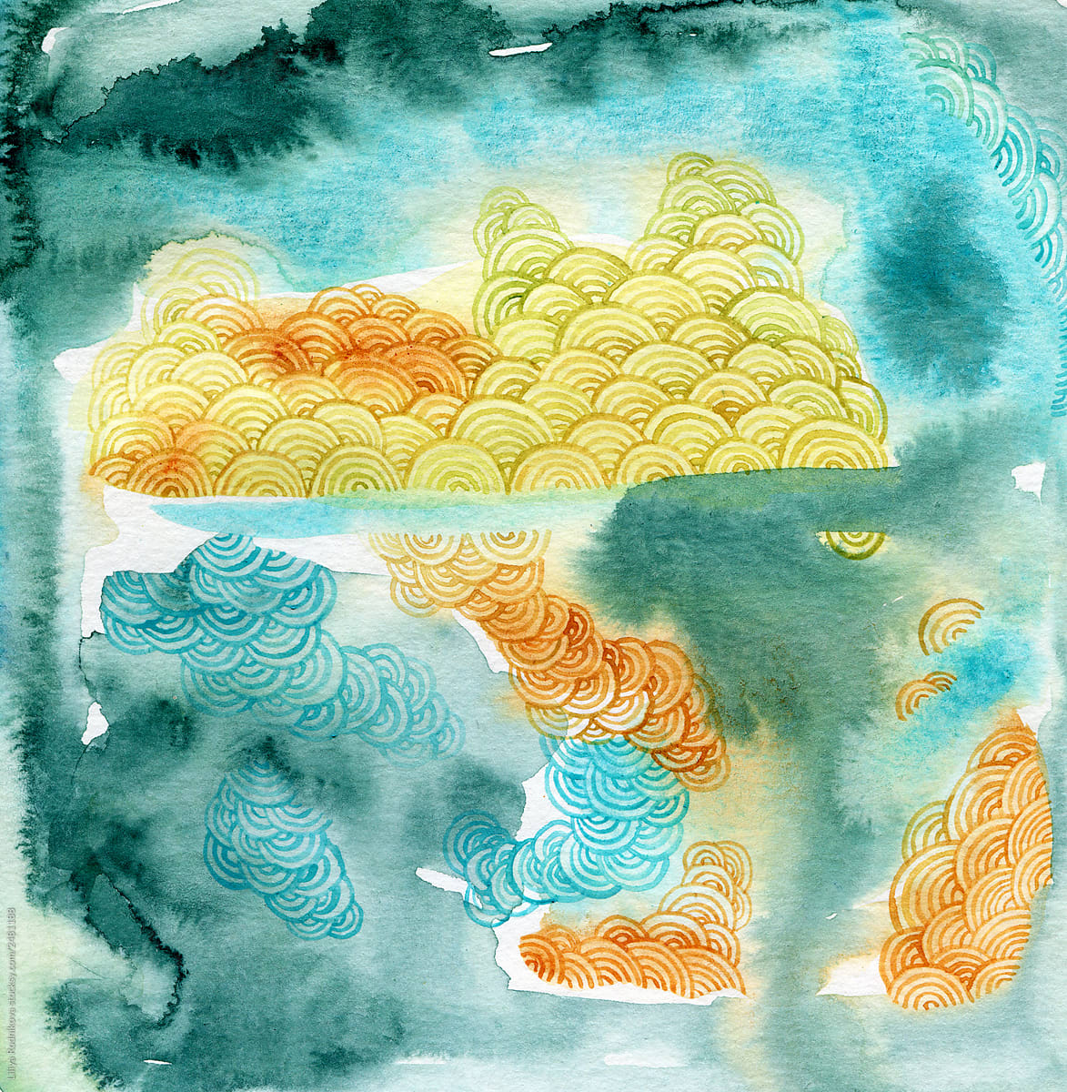 Watercolor painting in greens, blues and yellow