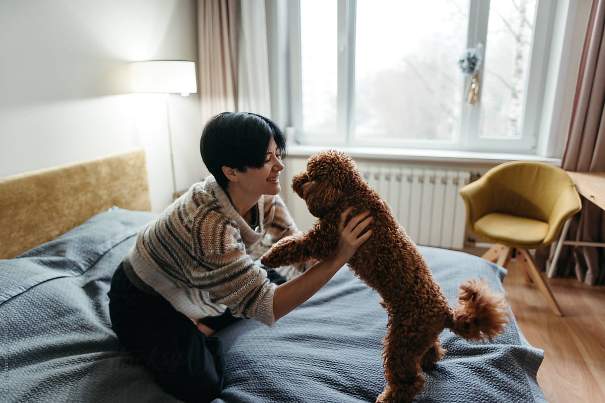 Сheerful woman playing with dog at home.