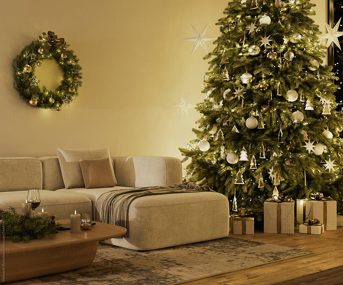 Christmas interior with christmas tree, ornaments and festive lights