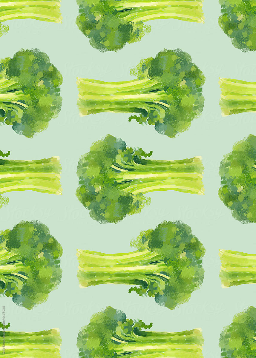 This vibrant illustration features a stylish broccoli pattern