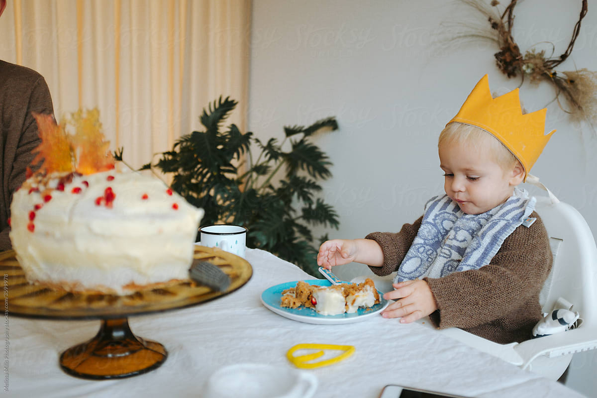 Birthday boy eating birthday cake