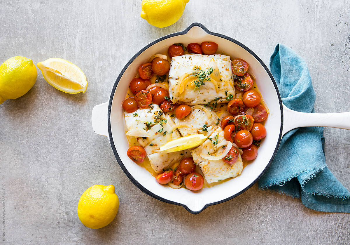 Pan Roasted Fish Fillets with burst tomatoes