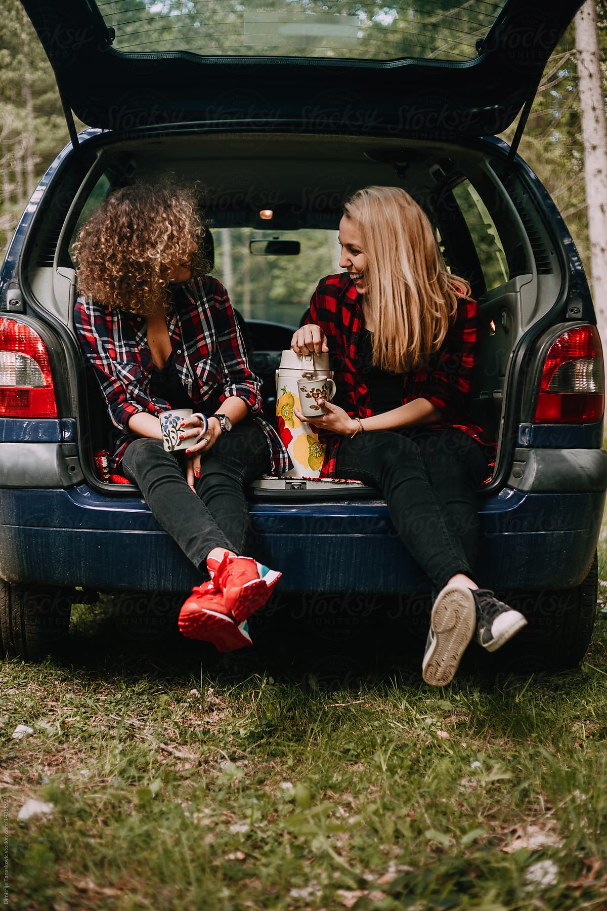 Two Friends Sitting On Back Of The Car On Picnic.