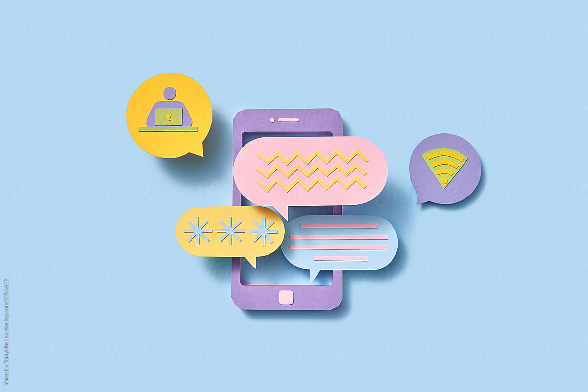 Papercraft phone with communication cloud icons.