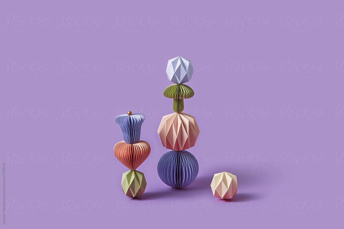 Folded paper ornaments in various shapes.