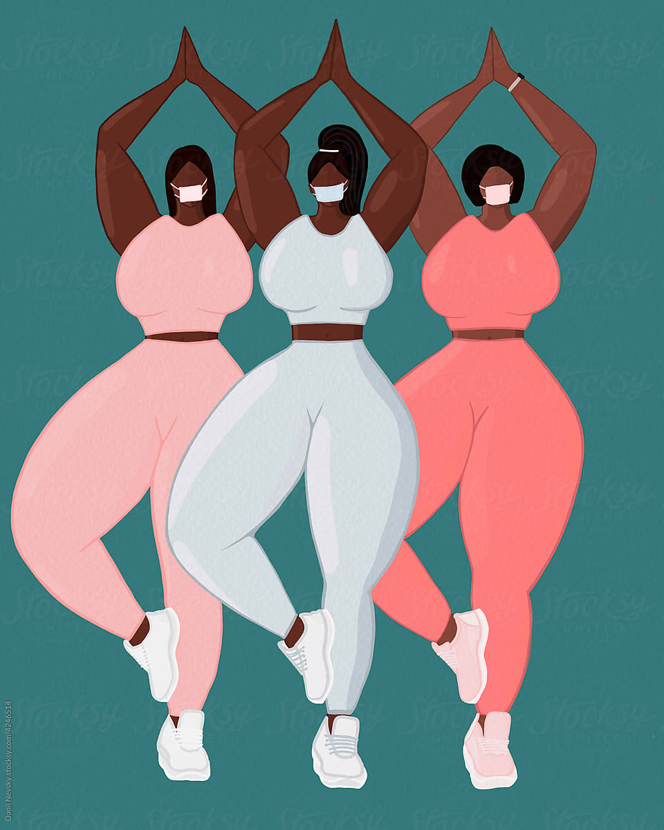 Curvy black women doing yoga in mask