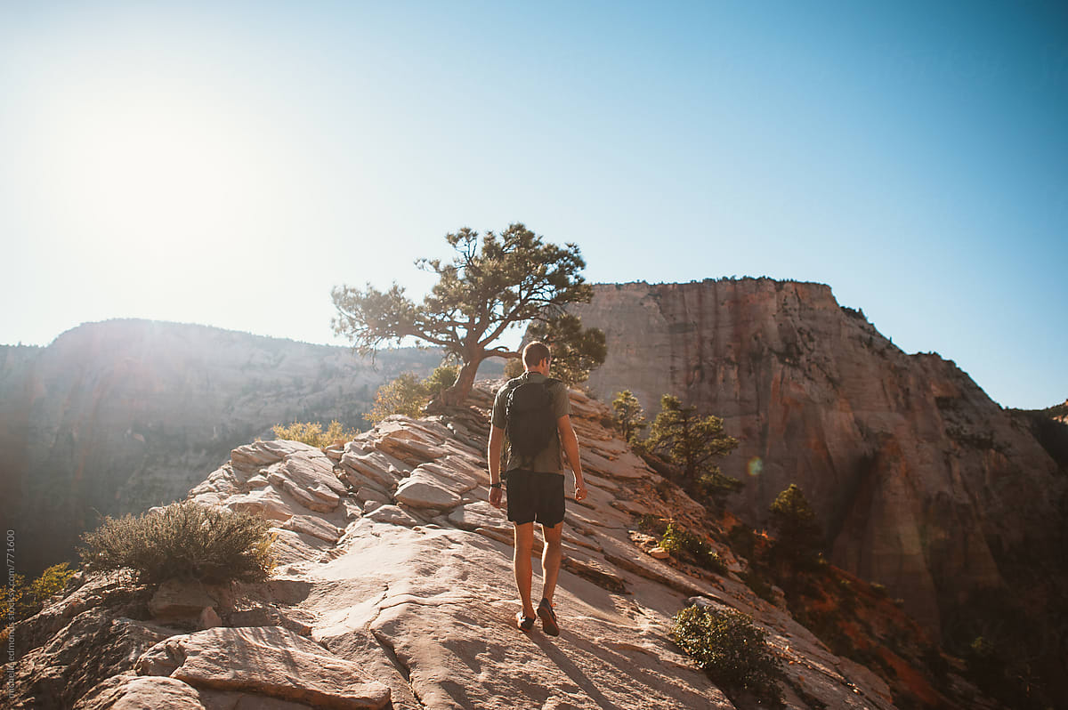 Man Hiking Angels Landing in Zion National Park