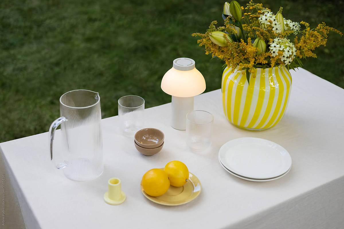 Modern table setting with stylish decorations for an outdoor picnic.