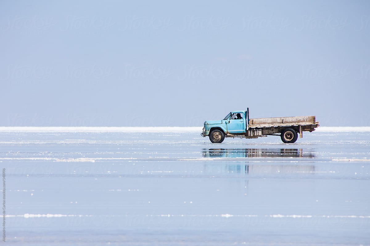 Old truck on salt flat. Uyuni, Bolivia travel