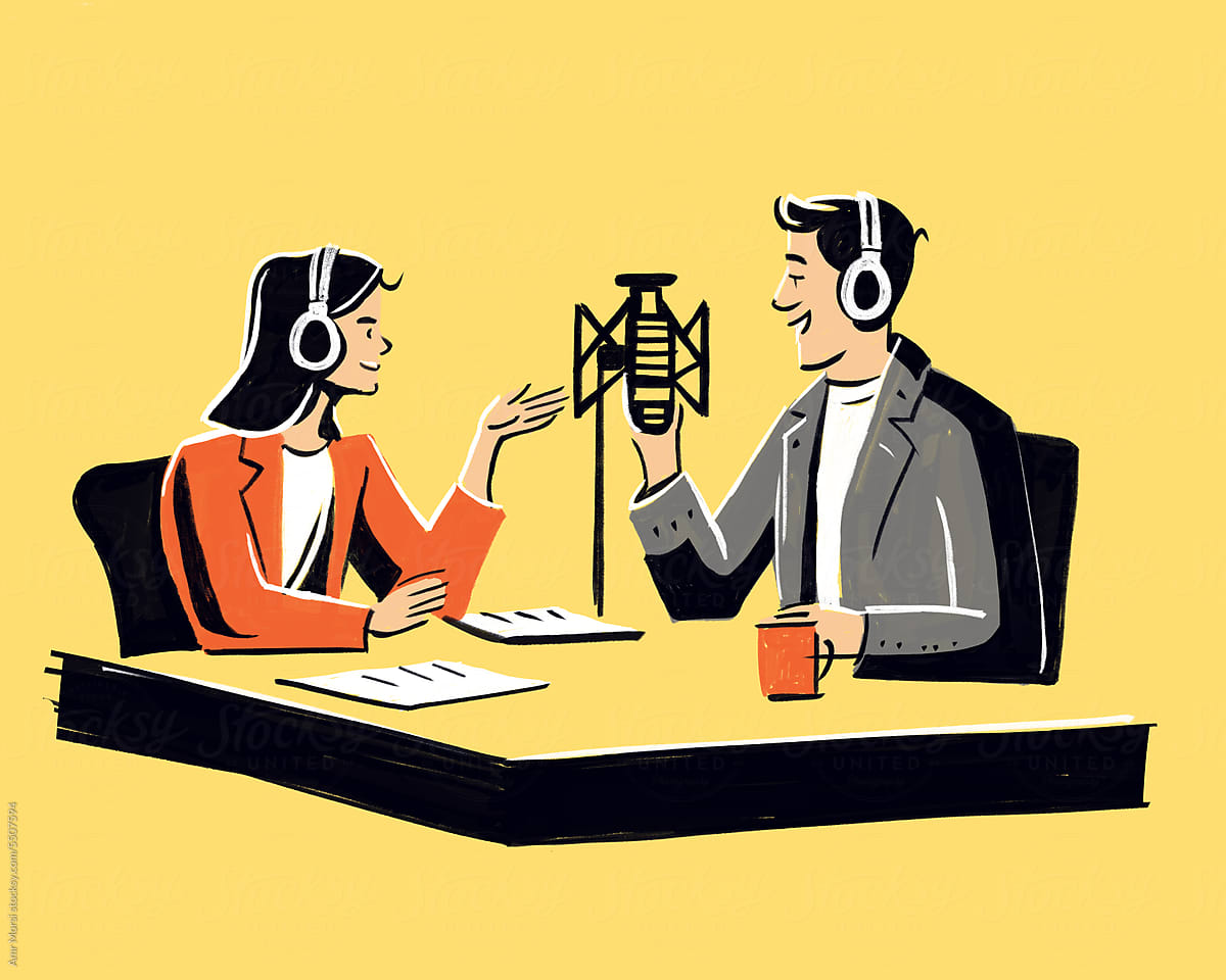 An illustration of a man and a woman engaged in a podcast interview