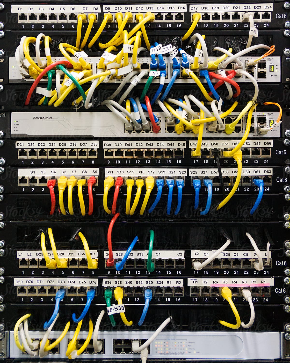 Switch and patch panel of a telecommunications rack