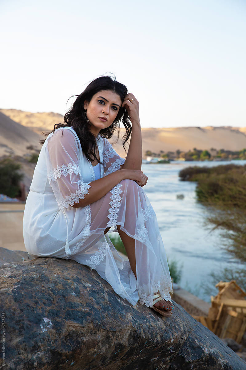 Beautiful Egyptian Woman Sitting By The Nile Stock Image Everypixel