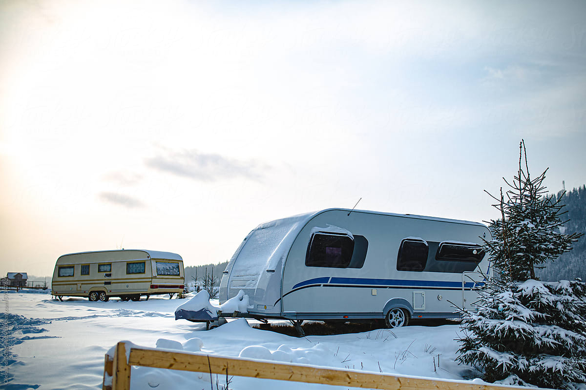 Tiny houses on winter camping on ski resort.