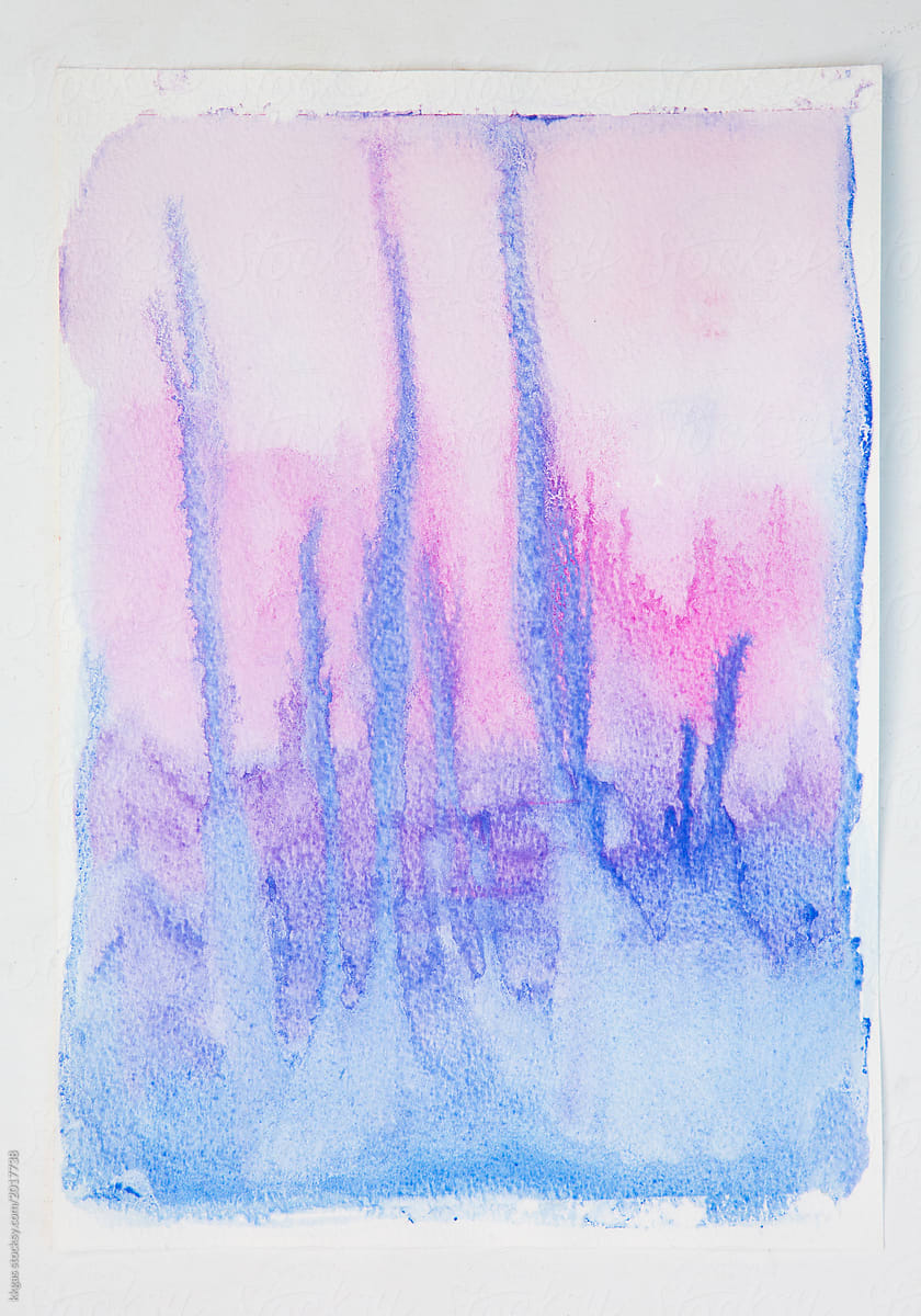 Watercolour painting of blue and pink colours running into each other