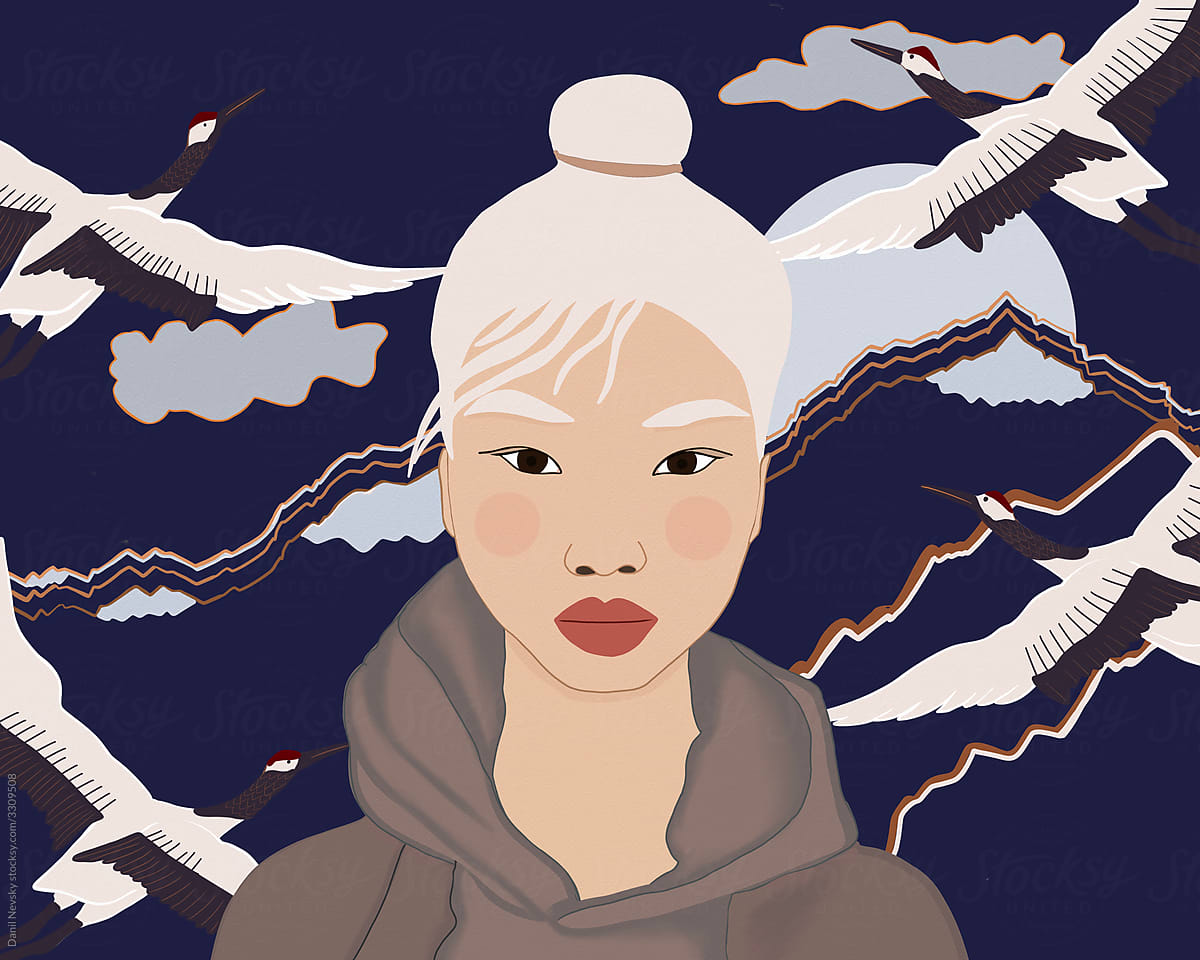 Blond Asian woman against mountains and birds