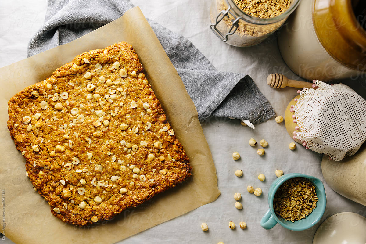 Rustic style granola slice ready to cut into bars or squares