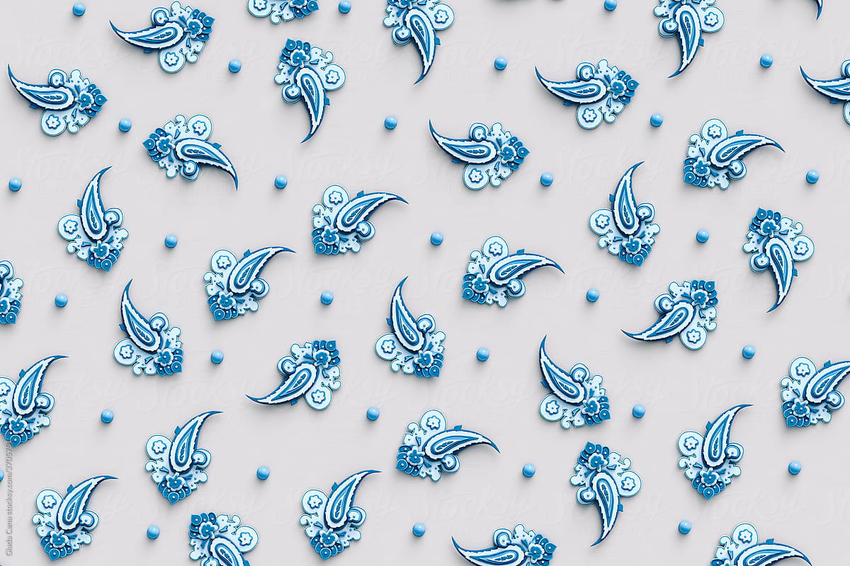 blue Paisley pattern on grey background in different positions