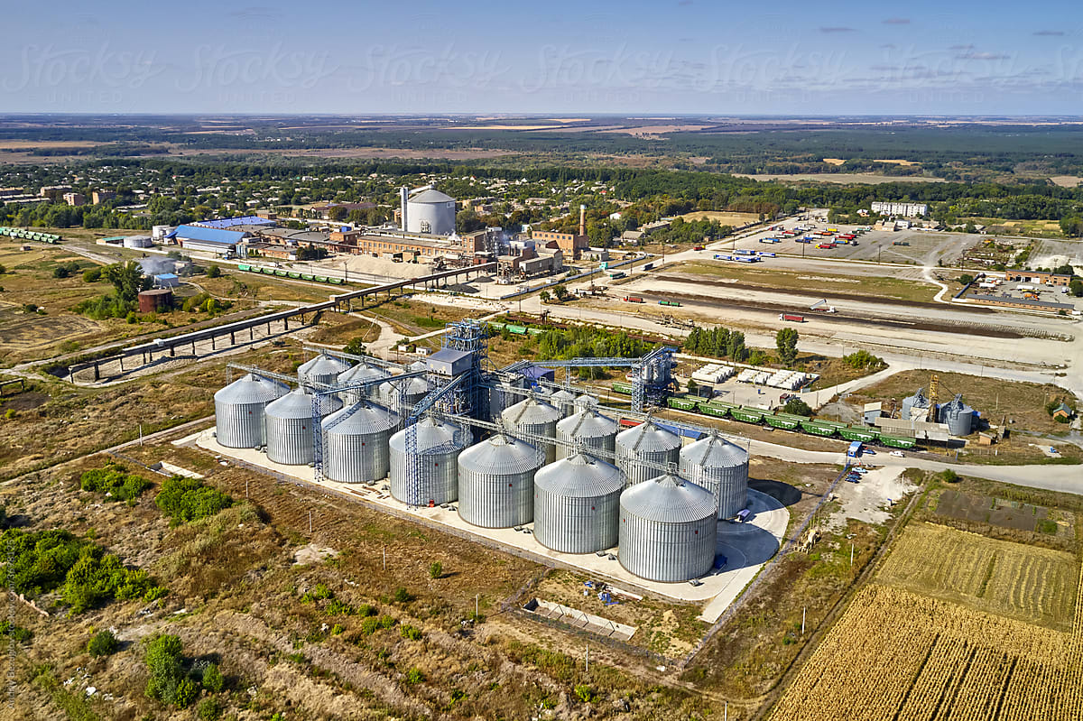 Aerial view at grain elevators at agricultural complex