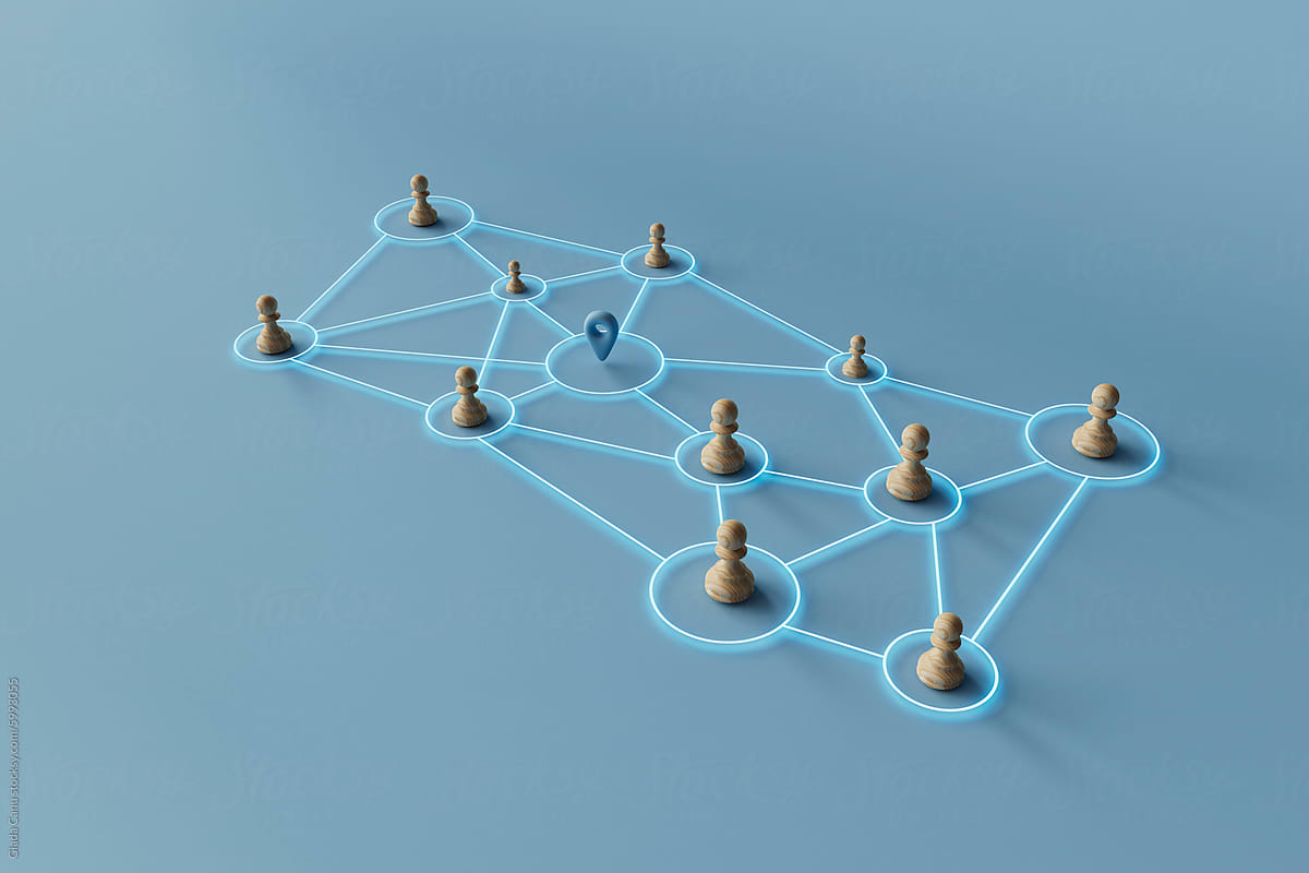 3D Render of Network Diagram with Central Location Pin