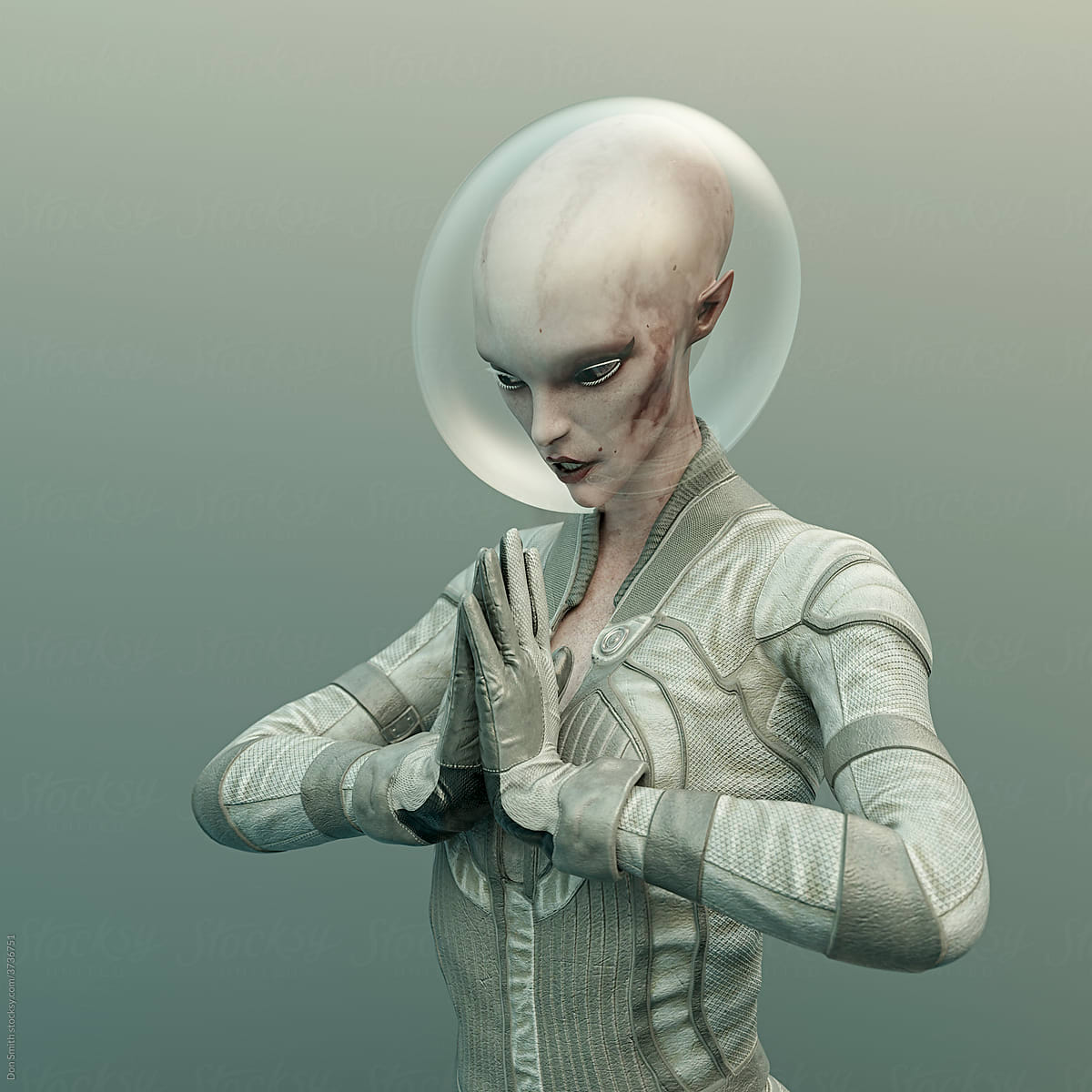 Alien woman with spacesuit and glass helmet