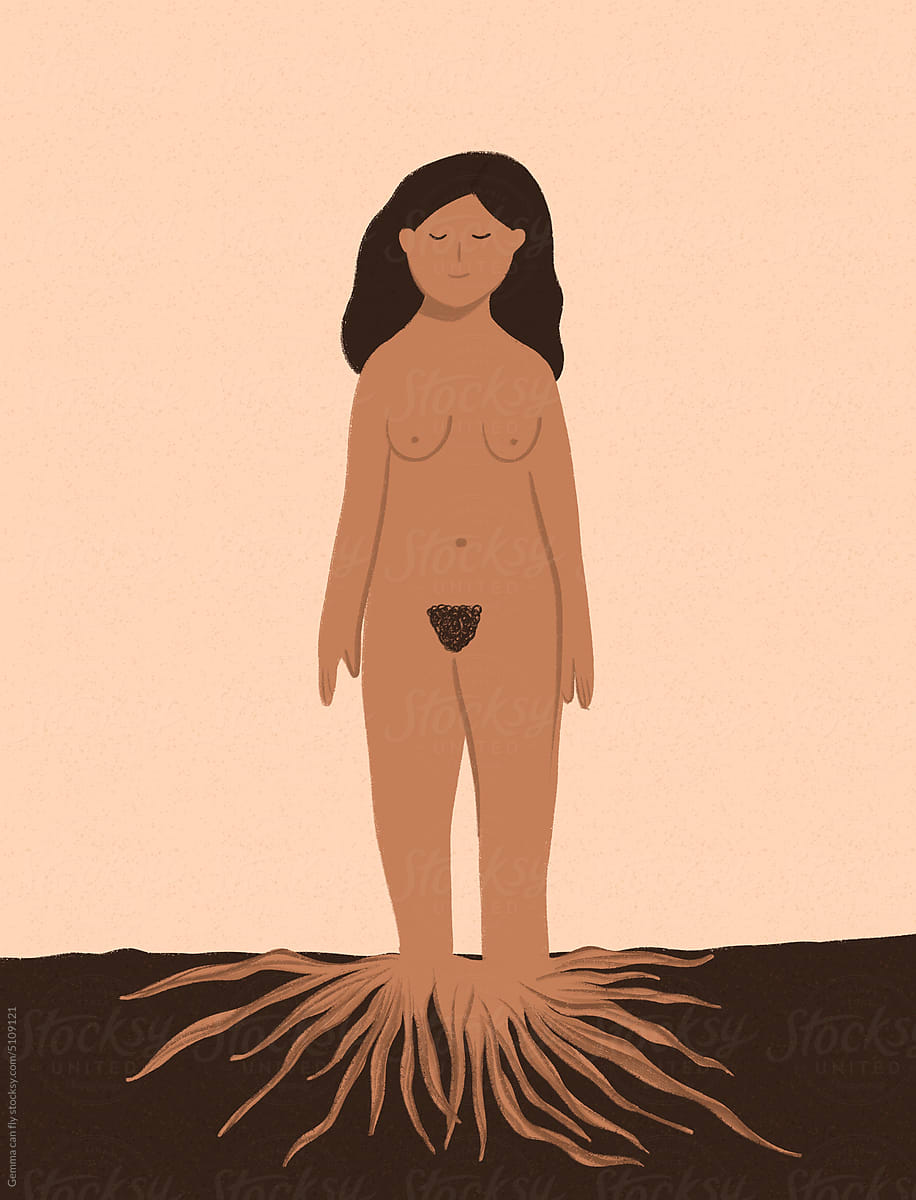 Mother earth illustration, Woman rooted to the ground