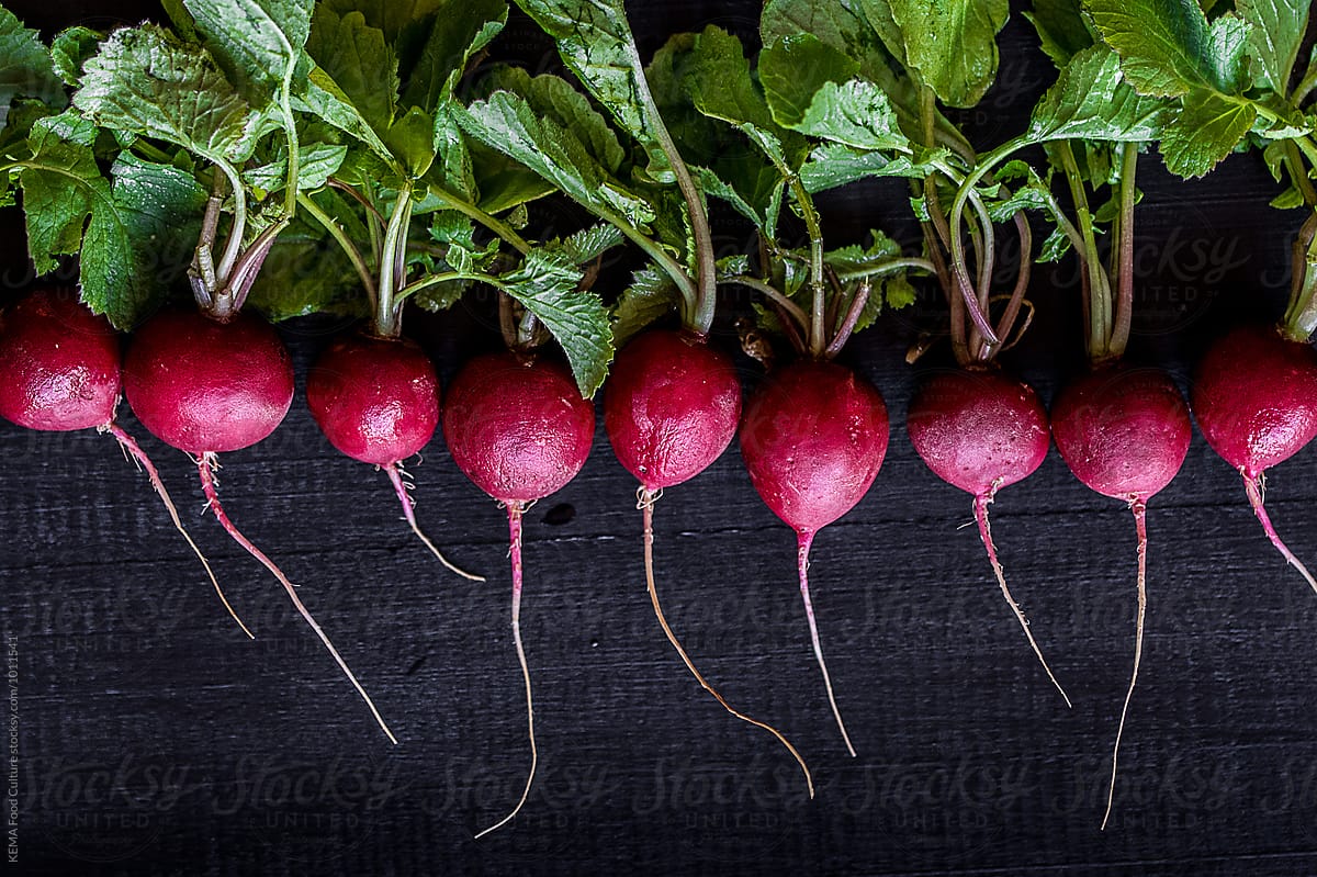 View Radishes In Line On A Black Wooden Table By Stocksy Contributor Marta Mauri Stocksy