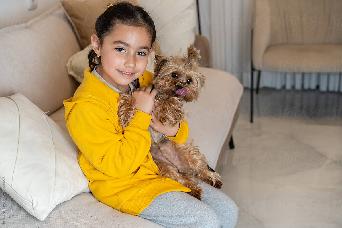 Joyful Girl Holds Small Dog Yorkshire Terrier in Arms,Smiling Together