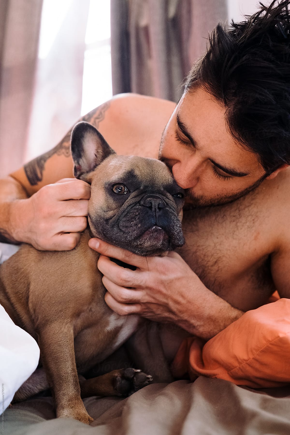 A caucasian man and a brown french bulldog cuddling together in bed