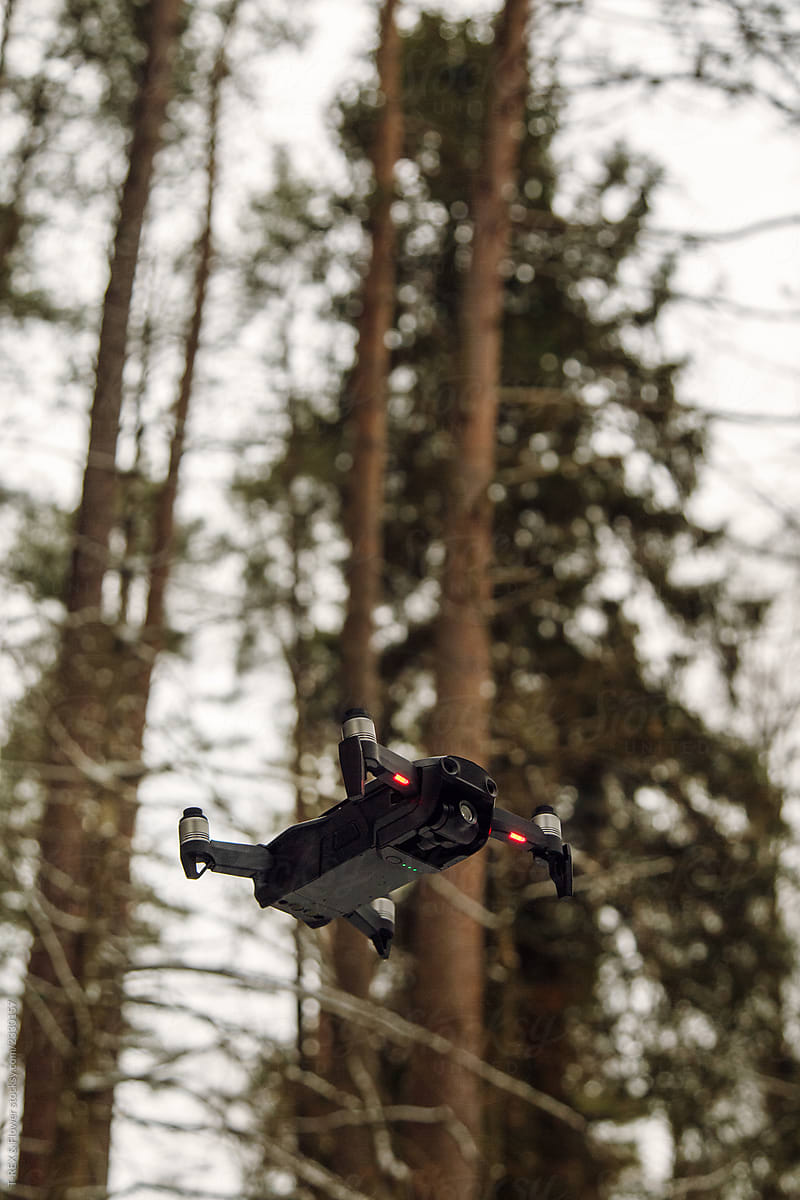 Flying drone in winter woods