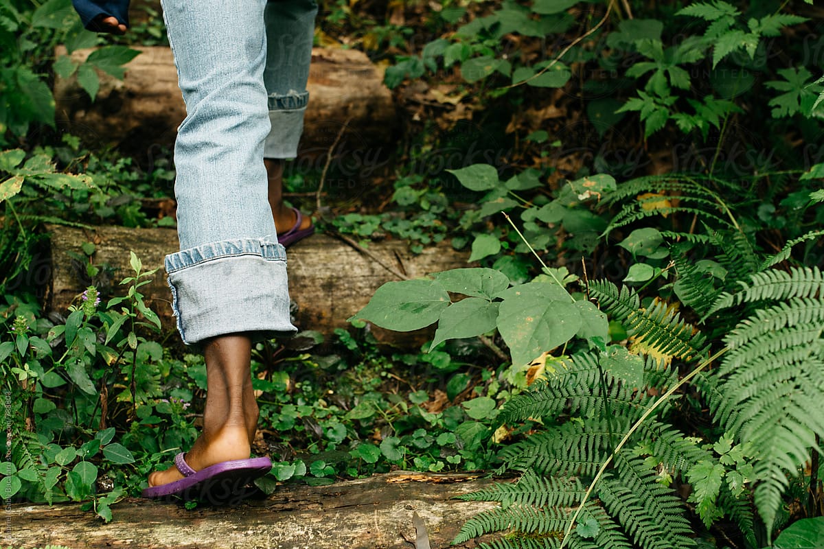 African American Girl S Feet In Flip Flops On A Nature Walk Del